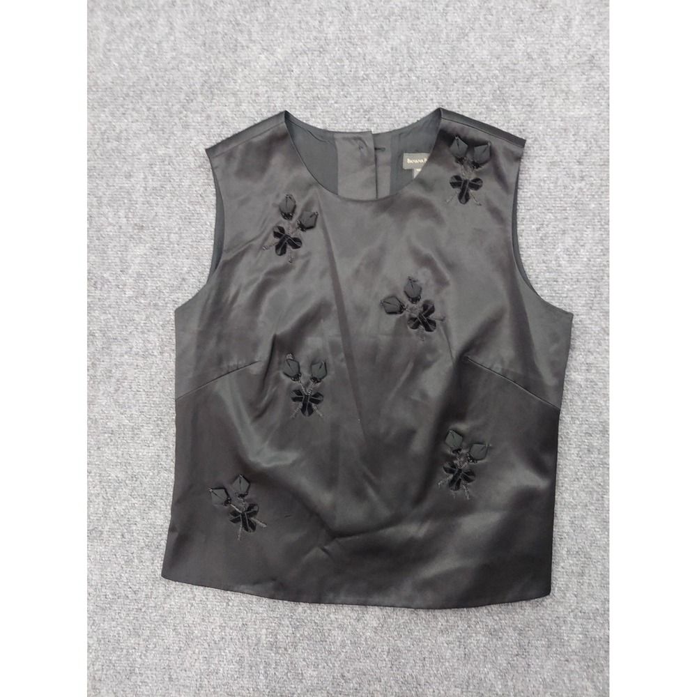 BANANA REPUBLIC Silk Shell Tank Top Womens 10 Black Floral Embellished Button